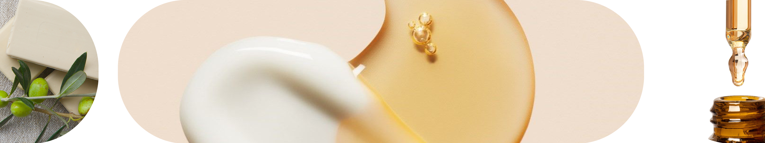 Montage of personal care ingredients and product textures, including a solid bar, golden liquid, and serum dropper.